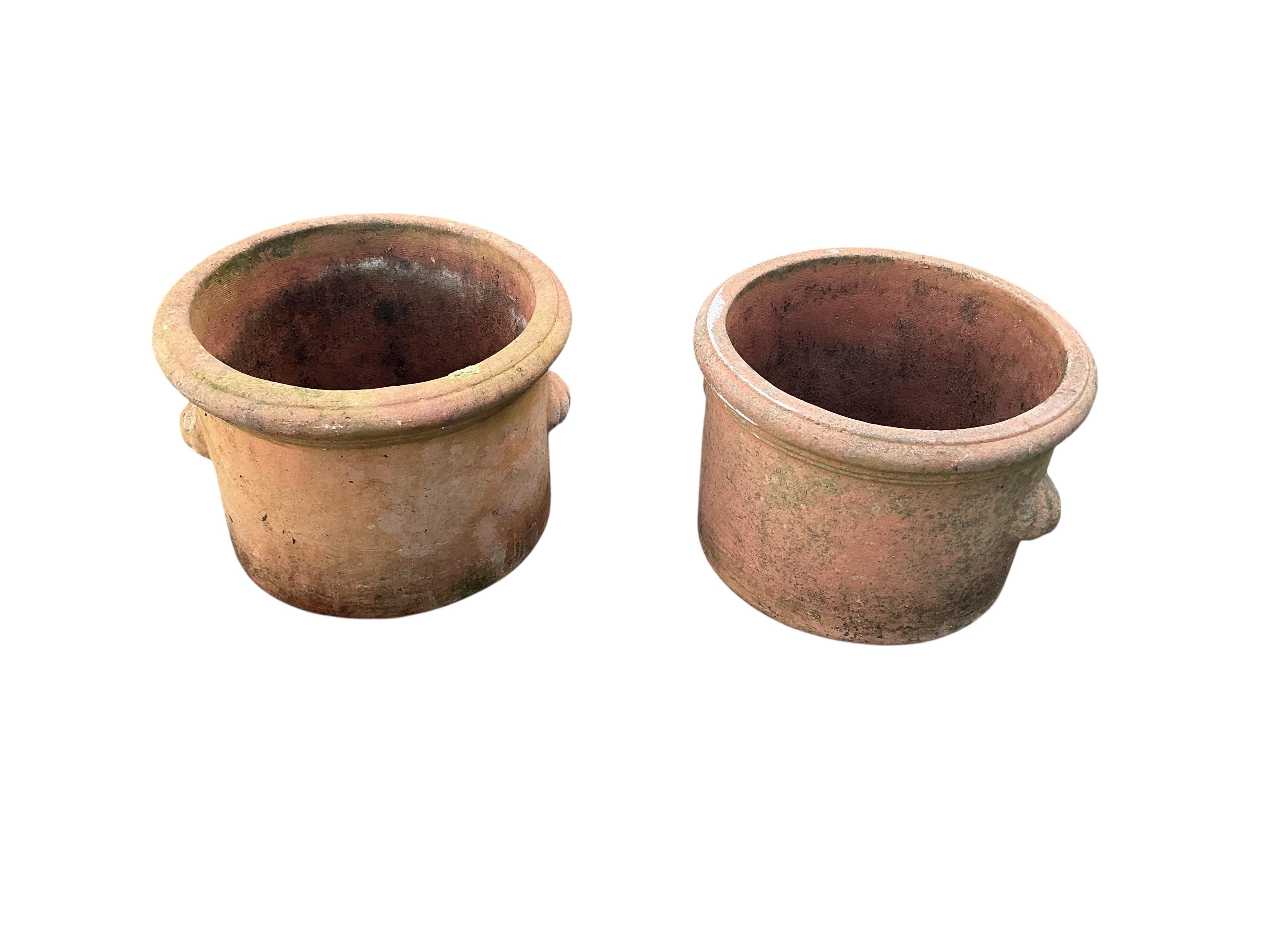 Two pairs of circular terracotta garden planters, larger diameter 40cm